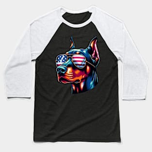 Doberman Patriotic Sunglasses American Flag 4th of July Baseball T-Shirt